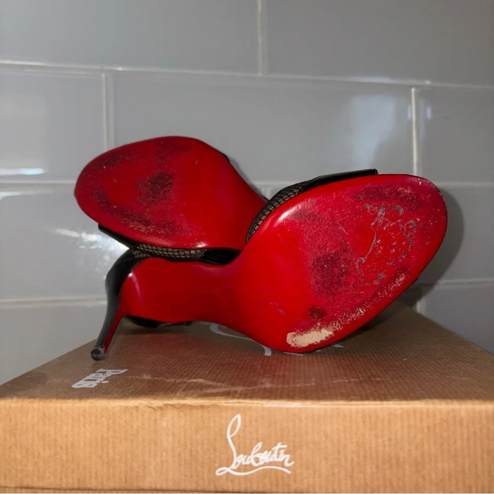 Christian Louboutin Black Patent & Mesh Slingback Heels with Red Soles